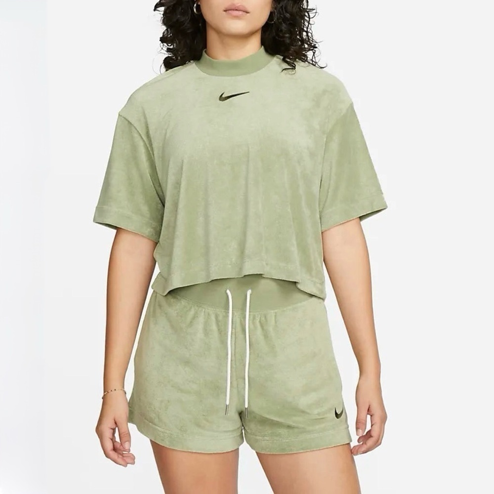 Nike Mock Neck Short Sleeve Terry Top in Oil Green